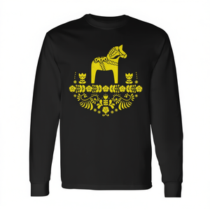 Camiseta Tradicional Sueca Dala Horse de Manga Larga, Diseño Amarillo, Unisex para Adultos, Cuello Redondo, Impresión Serigráfica, Promocional - Product Image 2