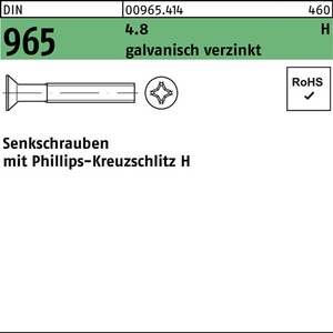 Countersunk <b>Screw</b> DIN 965 Phillips Head PH M4 X 70-H 4.8 Electro-<b>Galvanized</b> 500 Pieces - Product Image 1