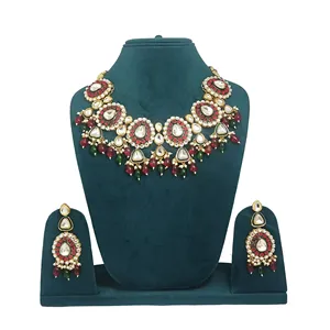 Conjunto de Collar Sencillo con Perlas Rojas y Verdes, Estilo Polki Kundan, Chapado en Oro Vintage sobre Cobre, Joyería Fina para Regalo de Boda, Piedra Principal de Diamante - Product Image 2
