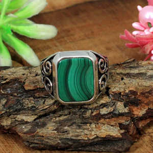 Anillo de racimo hecho a mano de Plata de Ley 925 corte princesa malaquita piedra preciosa turquesa piedra principal geométrica rodio platino - Product Image 6