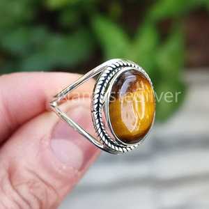 Bague en argent sterling 925 œil de tigre, faite à la main, bijou de promesse, pierre précieuse ovale naturelle, pierre de naissance de juin, accessoires en forme de couronne - Product Image 2