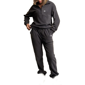 Conjunto Deportivo Informal de Felpa de Algodón Grueso para Mujer, Sudadera Negra con Media Cremallera y Pantalones Jogger de Pierna Recta, para Suministro al por Mayor - Product Image 1