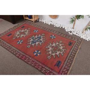 พรมตุรกีวินเทจโบฮีเมียนสีแดงสีน้ำเงิน4.3x7ฟุตคลาสสิกพื้นที่ขนาดใหญ่รูปสี่เหลี่ยมผืนผ้าการออกแบบการเย็บปะติดปะต่อกันวัสดุขนสัตว์น้ำยาง - Product Image 3