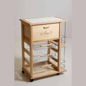 Chariot utilitaire en bois de hêtre massif avec organisateur de pain et de bouteilles, accessoire de cuisine fonctionnel - Product Image 1