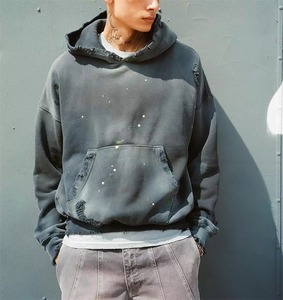 Oversize Cropped in Splatter <b>Black</b> Dye Vintage Wash Hoodie Unisex Fit Drop Double Layers Hood <b>Fleece</b> Hoodie Outdoor Use - Product Image 4