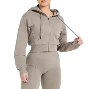 Trajes de chándal recortados de mujer de algodón 100% personalizados al por mayor ropa deportiva con capucha de alta calidad invierno sólido peso pesado 350 gramos - Product Image 2