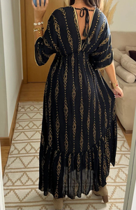 Vestido largo bohemio negro con cuello en V y cinturón, manga acampanada, estampado geométrico, cintura Natural, vestido elegante bohemio elegante ecológico - Product Image 6