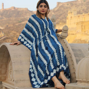 Kaftan indio de algodón 100% ecológico, elegante raya índigo con bordado a mano, ropa de playa informal cómoda - Product Image 1