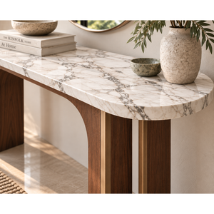 Modern Wabi-Sabi White <b>Marble</b> <b>Console</b> <b>Table</b> with Walnut Arched Brass Base - Product Image 2