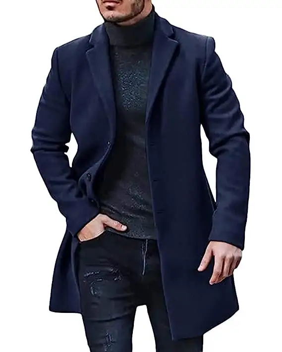 Latest High Quality Fashion Autumn And Winter Men's Long Trench Coat Thick Warm Woolen Coat Blue Color At Best Price