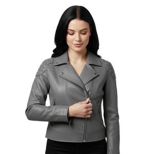 Plus Size Grey Leather Motorbike <b>Jacket</b> Women Custom Tailored Bulk Wholesale Genuine Leather Biker Style Factory Direct OEM - Product Image 1