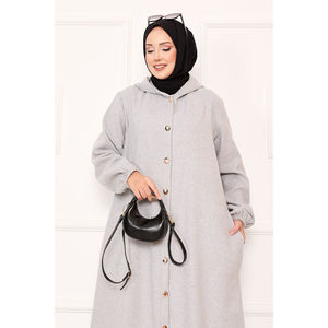 Abrigo Formal de Cachemira para Mujer, con Capucha y Botones, en Tela Gris Tejida, Tallas XS S M L XL - Product Image 2