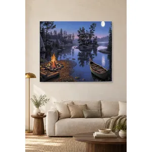 Impresión en lienzo de Fida Campfire by the Lake Under a Full Moon - Product Image 3