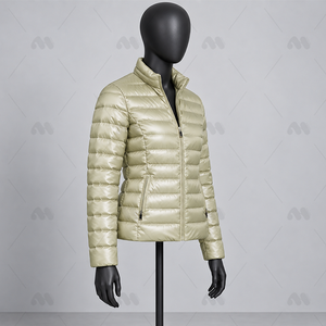 Women's Raw Woven Quilted Jacket <b>Light</b> Beige Full Sleeve Stand Collar Zipper Closure Winter Wear Silk <b>Shell</b> Polyester Wadding - Product Image 3