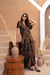 Earthy Abstract Print V Neck <b>Maxi</b> <b>Dress</b> Muted Tones <b>Flutter</b> <b>Sleeve</b> Summer Gown Modest Boho Fashion Neutral Long Resort Sun <b>Dress</b> - Product Image 3