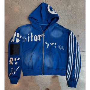 Sudadera con capucha y sudadera para hombre Vintage lavada con ácido y cremallera DTG de algodón personalizado de alta calidad con diamantes de imitación desteñidos al sol - Product Image 2