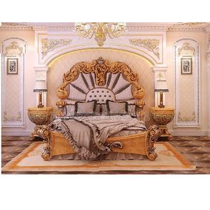 Lit à dos haut sculpté à la main, sculpté à la main, avec Table latérale, lit traditionnel de taille King, avec support de nuit - Product Image 1