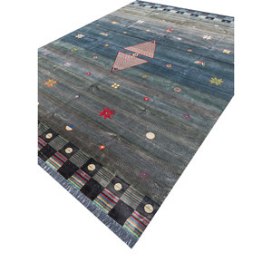 Tapis géométrique bleu Freedom Manchaha noué à la main en laine et soie de bambou pour salon ou couloir - Les-8308 - Product Image 2