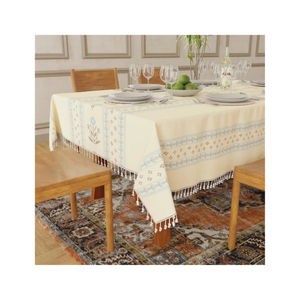 Nappe à motif floral rouille avec franges à pompons crème pour café et restaurant, en lin, vente en gros, impression personnalisée, fournisseur indien, en vrac - Product Image 3