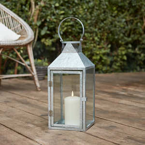 <b>Set</b> Two Elegant Galvanized Metal Outdoor Candle <b>Lanterns</b> Natural Finish for Home Decor Weddings Christmas Includes Wood Candle - Product Image 2