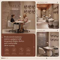 Présentation du mobilier de salon de luxe du Qatar : fauteuil de pédicure crème, bassin pour les pieds ambré, mur en pierre brute et bureau ondulé pour institut de beauté