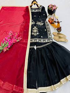 Conjunto de Salwar Kameez de Seda Elástica con Bordado Floral Negro para Mujer, Ropa India y Pakistaní para Fiestas y Bodas - Product Image 4