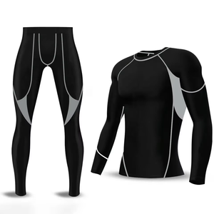 Conjunto de 2 Piezas de Ropa Deportiva para Hombre, Camiseta de Compresión para Gimnasio, Fitness, Yoga, Pantalones, Leggings Transpirables, Sin Costuras, Diseño Sólido, Capa Base - Product Image 5