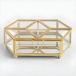 Boîte à bijoux en verre octogonale moderne, cadre en laiton doré vintage, couvercle à charnières, organisateur de souvenirs, boîte de rangement pour cosmétiques, vitrine - Product Image 1