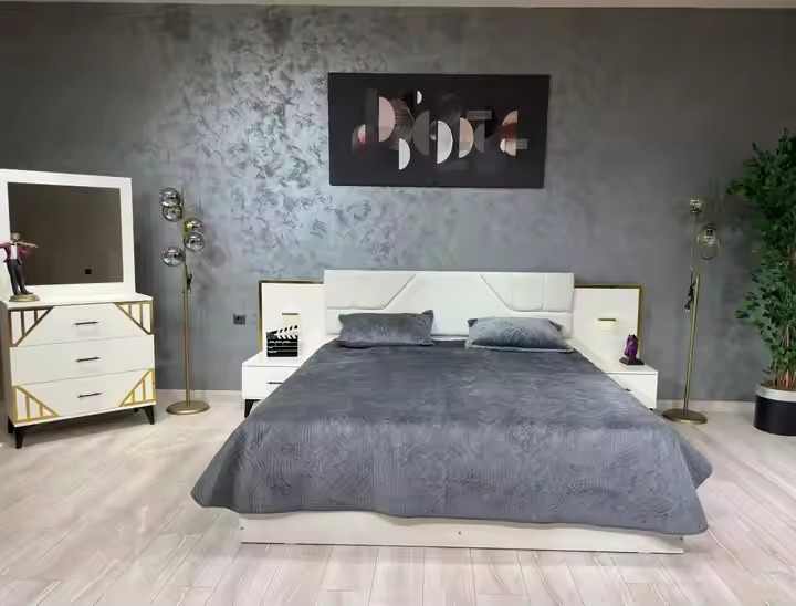 Modern Luxury Bedroom Set with King Size Bed and Dressing Table MDF Wood Home and Hotel Use Featuring Stylish Storage