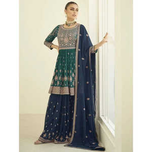 Ensemble de palazzo prêt-à-porter pour femmes en georgette vert sarcelle brodé, magnifique - Product Image 4