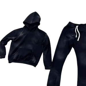 Black Acid Washed Hoodie Tracksuit Men <b>Vintage</b> Fleece Pullover <b>Sweatshirt</b> Straight Jogger Pants Set Minimal Streetwear Winter - Product Image 2