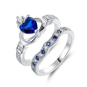 Rhodium-Plated <b>Sapphire</b> Claddagh Two-Piece Crown <b>Ring</b> Set Fine Bridal Party Jewelry Christian Theme <b>Engagement</b> Suitable - Product Image 1