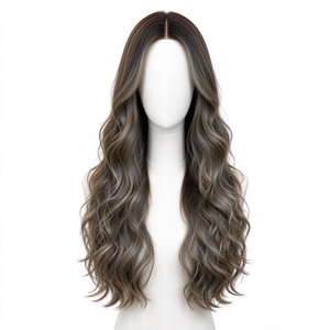 Peluca Larga Ondulada de Fibra Sintética para Mujer, Color Marrón Oscuro con Reflejos, Ondas de Aspecto Natural para Uso Diario, Fiestas y Moda - Product Image 1