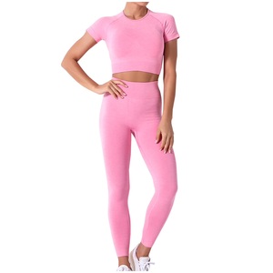 Conjunto de Yoga de 2 piezas para mujer de gran calidad, cintura media, cierre elástico, manga corta, transpirable, patrón sólido, logotipo frontal personalizado - Product Image 3