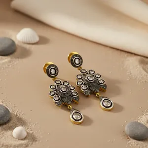 Floral Design Gold Plating <b>Diamond</b> Cluster <b>Earrings</b> for Women Premium Jewelry - Product Image 1