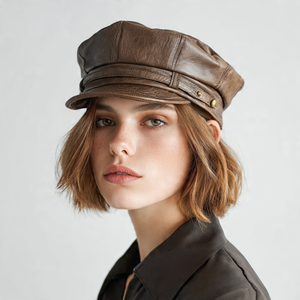 Gorra de cuero de motorista para mujer, ropa de calle, gorras a presión de cuero PU, gorra de cuero de varios paneles para mujer - Product Image 2