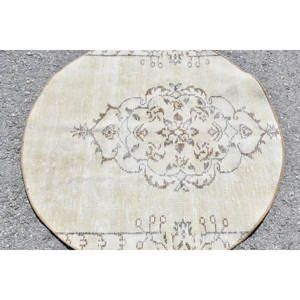 Tapis en Laine Turque Beige Marron Vintage de 3.3X3.4 pieds Fait à la Main Classique Patchwork Design Salle à Manger Pile Moyenne Latex Écologique - Product Image 5