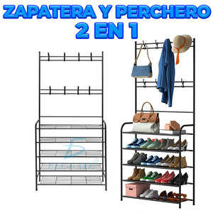 Organizzatore per Scarpe Moderno a 5 Ripiani in Tessuto e Plastica con Doppio Appendiabiti, Contenitore Pieghevole per Scarpe, Vestiti e Borse - Product Image 1