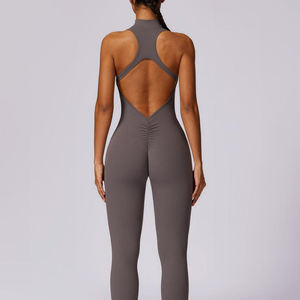 Combinaison de sport sans couture pour femme avec fermeture éclair frontale, effet sculptant, très élastique, sans manches, pour yoga et gym - Product Image 2
