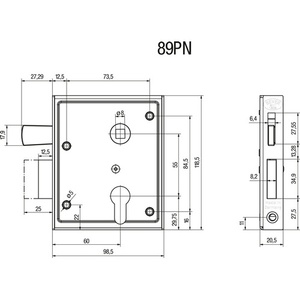 Universal 89 BK/ PK DIN Left/Right PZ Lifting <b>Latch</b> with 60 mm BEVER Backset Mortise <b>Lock</b> for Fireplaces & Accessories - Product Image 3