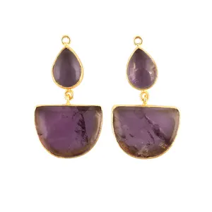 Latest fashion smooth polished natural amethyst earrings making pair connector gold plated double stone diy birthstone connector