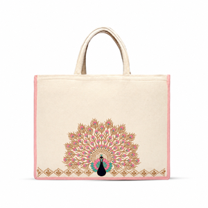 Peacock Motif Embroidered Eco-Friendly Cotton <b>Gift</b> <b>Hamper</b> Tote with Zip 15x12x5 Inch - Product Image 1