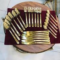 STOCK Promotion Cadeaux Antique Or Laiton Couverts Ensemble en bois Or Boîte Vaisselle Table à manger Réglage Traiteur 24pcs Couverts Ensemble
