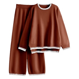 Conjuntos de suéter para mujer Jersey de punto Tops Cuello redondo Pantalón de pierna ancha Chándales Conjuntos de salón Beige - Product Image 3