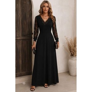 Robe longue en crêpe scintillant à manches longues et col en V pour femme, 37326 - Noir - Product Image 3