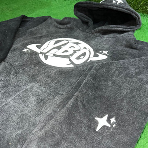 เสื้อมีฮู้ดแบบมีซิปสีเทาผ้าฝ้ายเฮฟวี่เวทสไตล์วินเทจผ้าปะติดแบบเย็บปะติด - Product Image 2