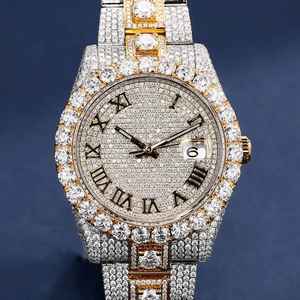 Antique Fashion Iced Out Moissanite Diamond Watch Round Face with Roman Numeral Markers Automatic Quartz Movement Luxury Design - Product Image 1