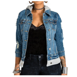 Veste en jean d'hiver élégante pour femme, motif à carreaux, effet usé, capuche, manches longues, boutons décoratifs - Product Image 1