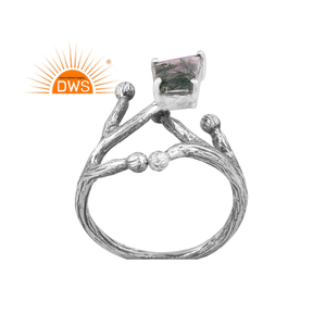 แหวนพลอยมอสสีเขียวธรรมชาติสีเงินสเตอร์ลิงออกแบบทำด้วยมือเครื่องประดับแหวนวางซ้อนกันได้สำหรับผู้หญิงของขวัญสำหรับผู้หญิงสำหรับเธอ - Product Image 1