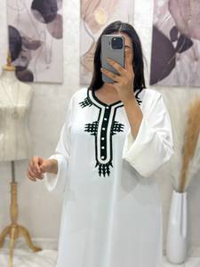 Moroccan White Traditional Kaftan Muslim Abaya Breathable Custom Long Sleeve Ethnic Robe Beaded Neckline <b>Loose</b> Fit Women <b>Dress</b> - Product Image 3